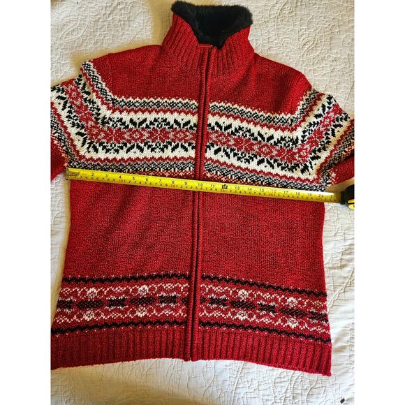 Vintage Carolyn Taylor Red Nordic Zip Up Christmas Sweater Faux Fur Collar Sz L - Picture 6 of 10